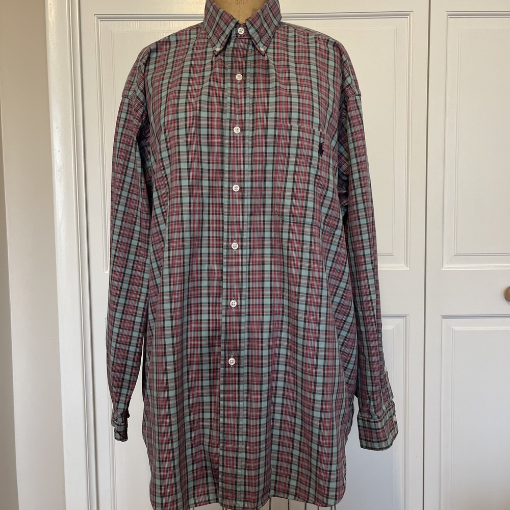 Men's Ralph Lauren Plaid Cotton Button Down Long Sleeve Shirt Sz XL Gray Red Blk